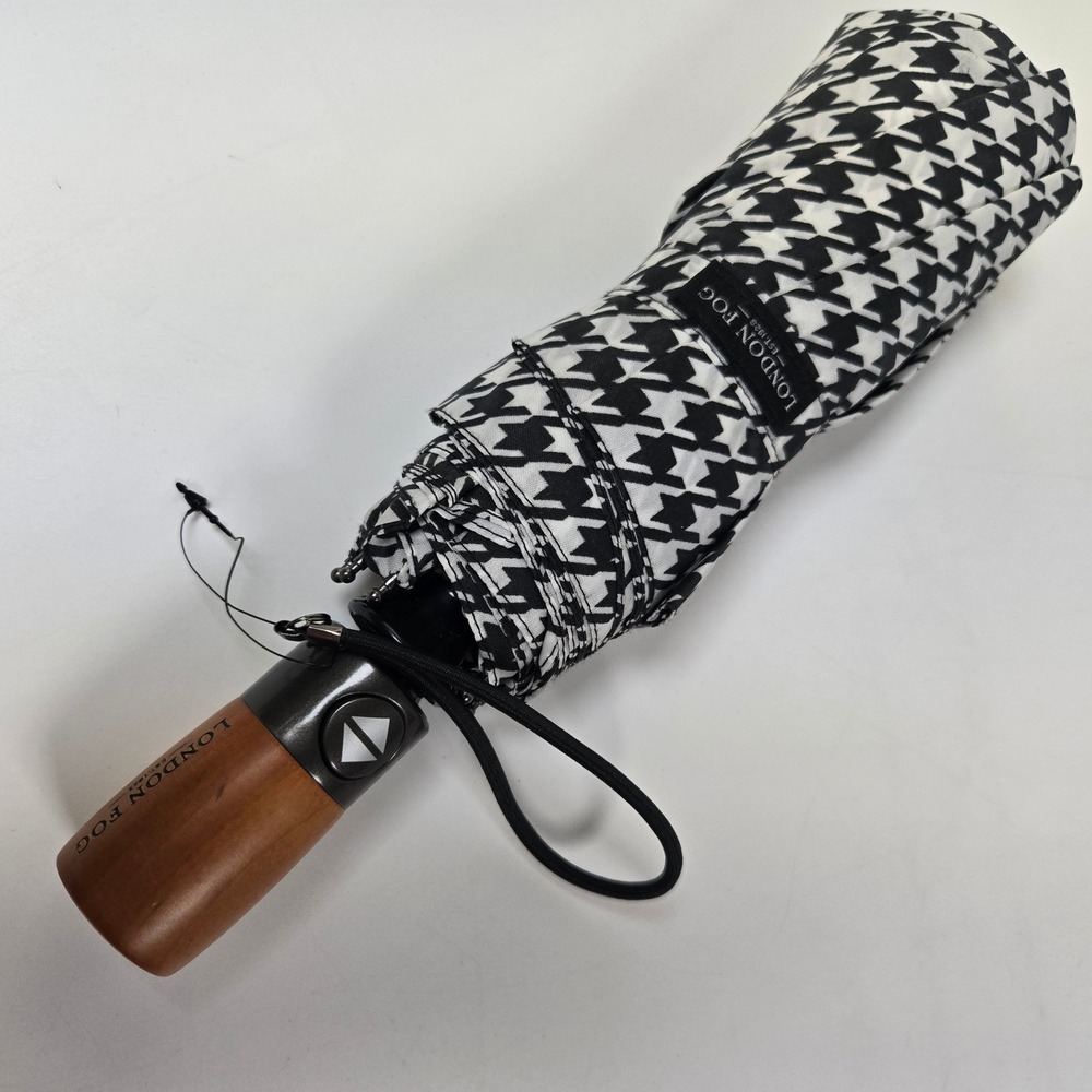 London Fog Umbrella Black White Houndstooth Auto Open Close Wood Handle Travel